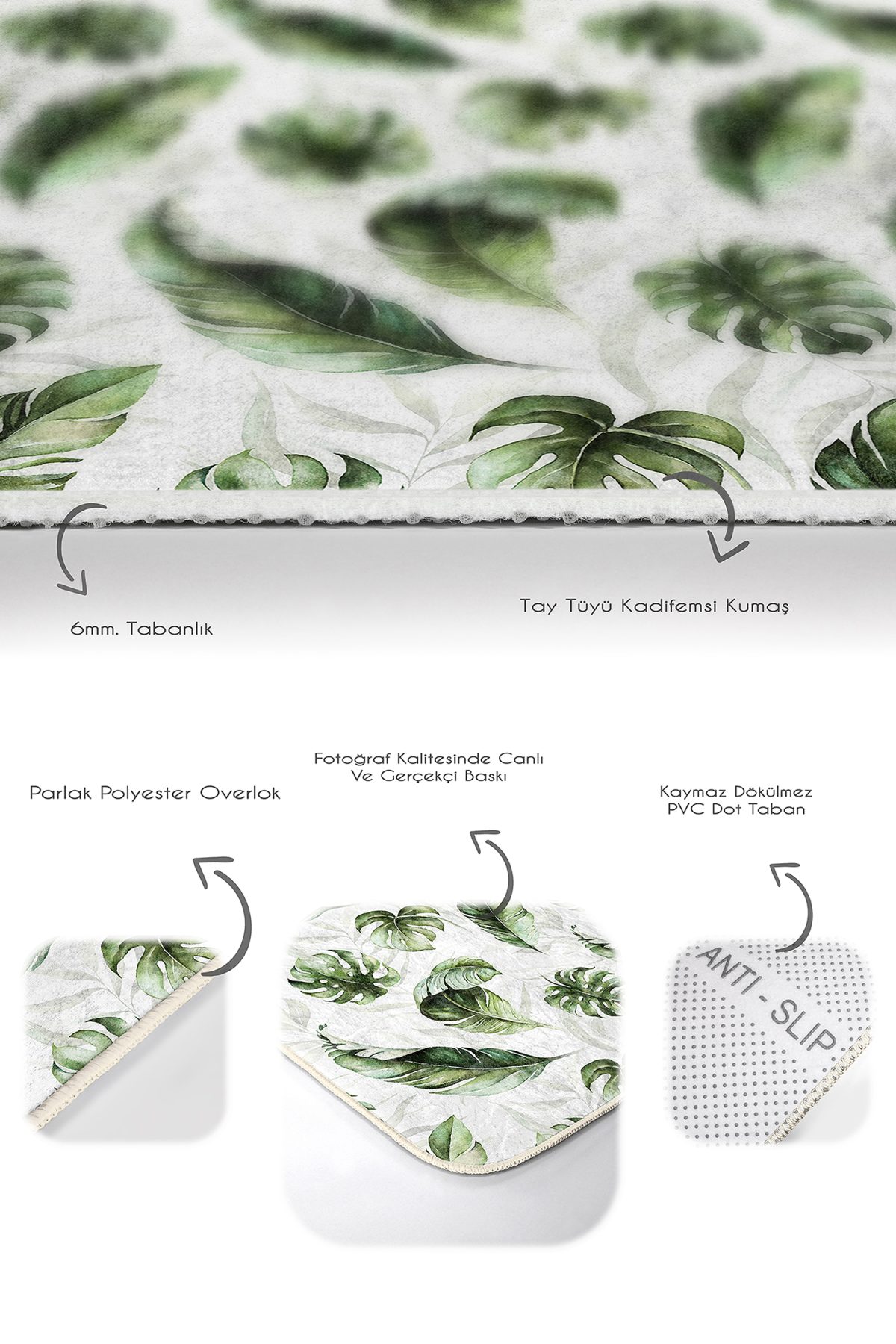 Beyaz Zemin Yeşil Tropik Yaprak Motifli 2'li Kaymaz Tabanlı Banyo & Mutfak Paspas Takımı Realhomes