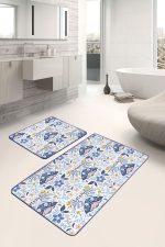 - PaspasTakimi-2li-Set313-Gorsel-2 - Realhomes  Mavi Çini Motifli Kelebek Tasarımlı Dijital Baskılı 2'li Kaymaz Tabanlı Banyo & Mutfak Paspas Takımı Realhomes