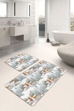 - PaspasTakimi-2li-Set315-Gorsel-1 - Realhomes Kış Temalı Geyik Bağ Evi Tasarımlı Dijital Baskılı 2'li Kaymaz Tabanlı Banyo & Mutfak Paspas Takımı Realhomes