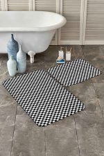 - PaspasTakimi-2li-Set32-Gorsel-1 - Realhomes Siyah Beyaz Dama Tasarımlı Dijital Baskılı 2'li Kaymaz Tabanlı Banyo & Mutfak Paspas Takımı Realhomes