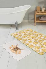 Gold Detaylı Sonbahar Yaprakları Dijital Baskılı 2'li Kaymaz Tabanlı Banyo & Mutfak Paspas Takımı Realhomes