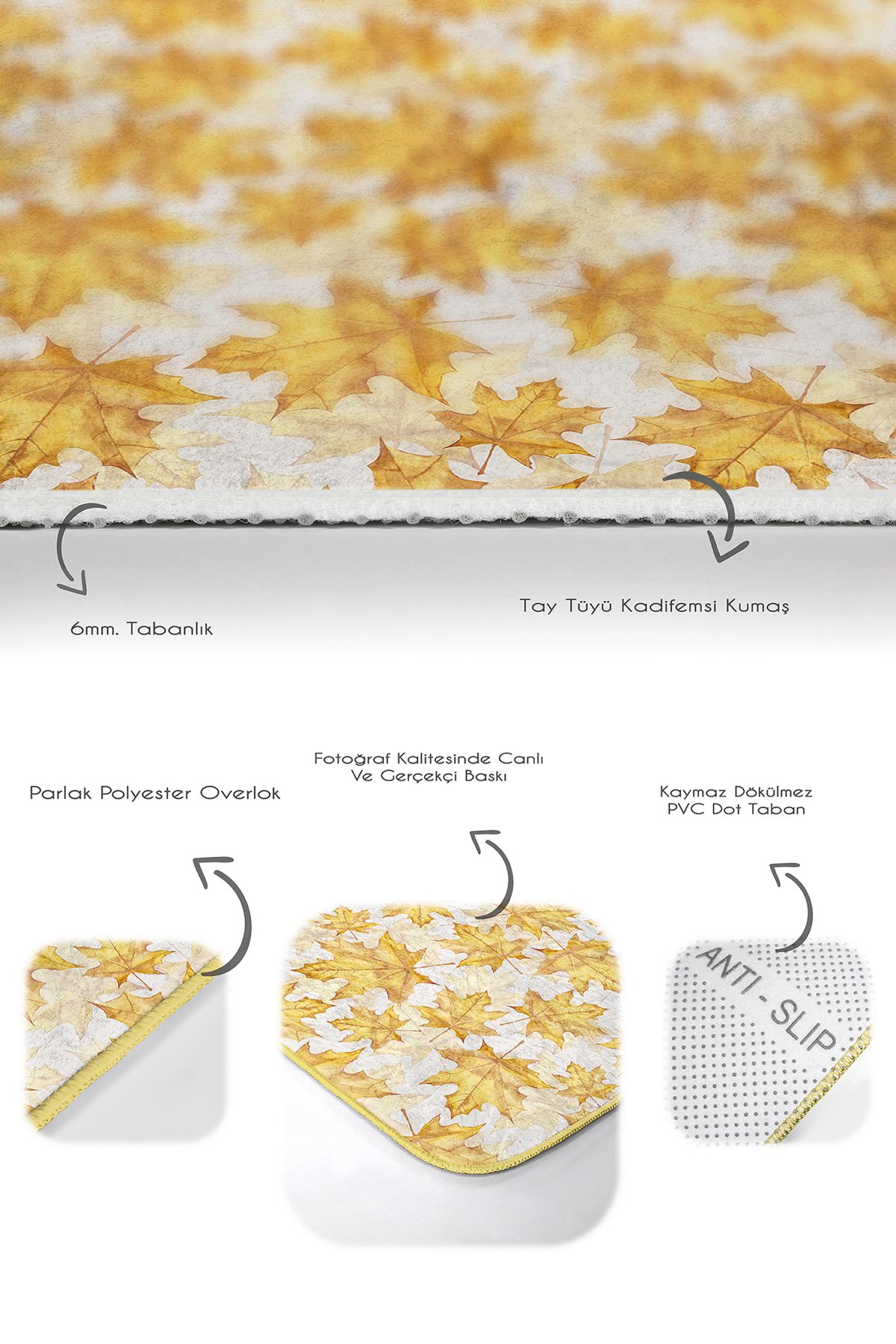 Gold Detaylı Sonbahar Yaprakları Dijital Baskılı 2'li Kaymaz Tabanlı Banyo & Mutfak Paspas Takımı Realhomes