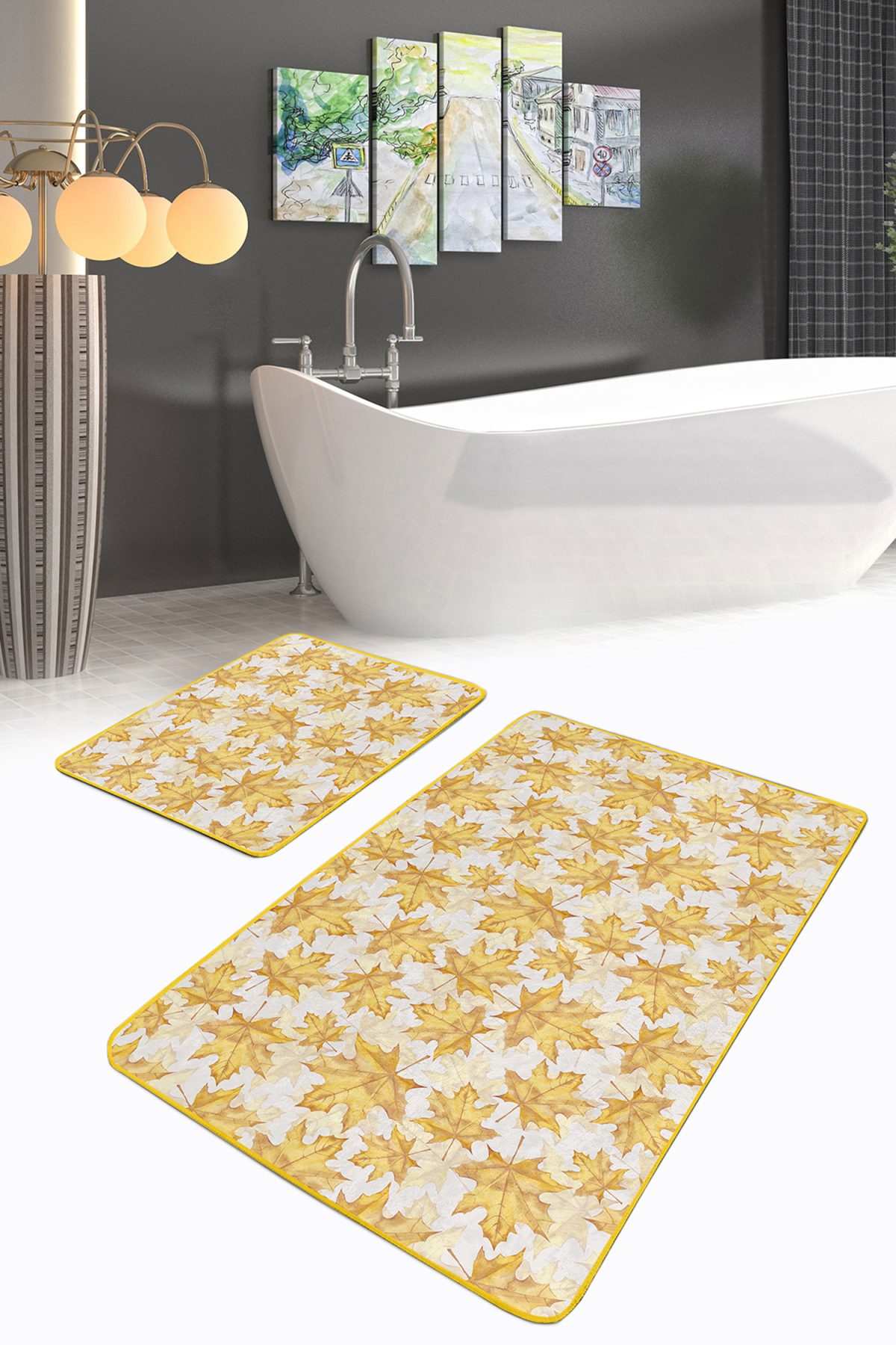 Gold Yapraklar Özel Tasarım Dijital Baskılı 2'li Kaymaz Tabanlı Banyo & Mutfak Paspas Takımı Realhomes