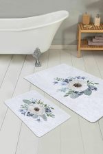 - PaspasTakimi-2li-Set326-Gorsel - Realhomes  Beyaz Gül Tasarımlı Dijital Baskılı 2'li Kaymaz Tabanlı Banyo & Mutfak Paspas Takımı Realhomes