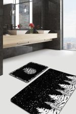 - PaspasTakimi-2li-Set333-Gorsel - Realhomes Siyah Beyaz Çam Ağacı Kozalak Tasarımlı 2'li Kaymaz Tabanlı Banyo & Mutfak Paspas Takımı Realhomes