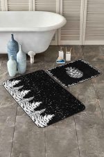 - PaspasTakimi-2li-Set333-Gorsel-2 - Realhomes Siyah Beyaz Çam Ağacı Kozalak Tasarımlı 2'li Kaymaz Tabanlı Banyo & Mutfak Paspas Takımı Realhomes