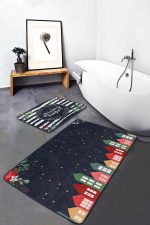 Lacivert Zeminli Renkli Evler Özel Tasarım 2'li Kaymaz Tabanlı Banyo & Mutfak Paspas Takımı Realhomes