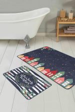 Lacivert Zeminli Renkli Evler Özel Tasarım 2'li Kaymaz Tabanlı Banyo & Mutfak Paspas Takımı Realhomes