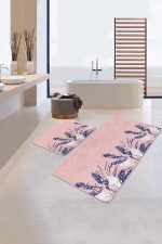 - PaspasTakimi-2li-Set340-Gorsel-1 - Realhomes  Pembe Zemin Lacivert Yapraklar Özel Tasarım 2'li Kaymaz Tabanlı Banyo & Mutfak Paspas Takımı Realhomes