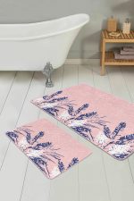 - PaspasTakimi-2li-Set340-Gorsel - Realhomes  Pembe Zemin Lacivert Yapraklar Özel Tasarım 2'li Kaymaz Tabanlı Banyo & Mutfak Paspas Takımı Realhomes