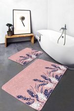 - PaspasTakimi-2li-Set340-Gorsel-2 - Realhomes  Pembe Zemin Lacivert Yapraklar Özel Tasarım 2'li Kaymaz Tabanlı Banyo & Mutfak Paspas Takımı Realhomes