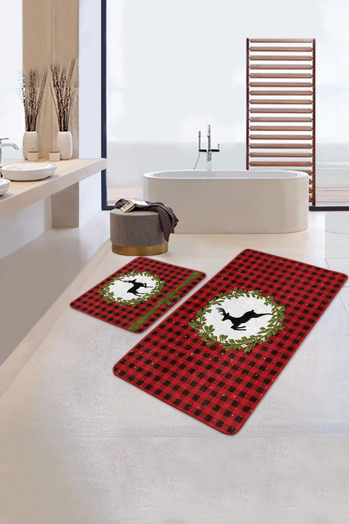 Kırmızı Ekose Motifli Yılbaşı Temalı Geyik Tasarımlı 2'li Kaymaz Tabanlı Banyo & Mutfak Paspas Takımı Realhomes