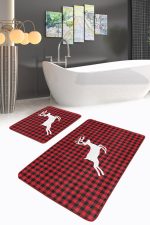 Kırmızı Ekose Beyaz Geyik Tasarımlı 2'li Kaymaz Tabanlı Banyo & Mutfak Paspas Takımı Realhomes