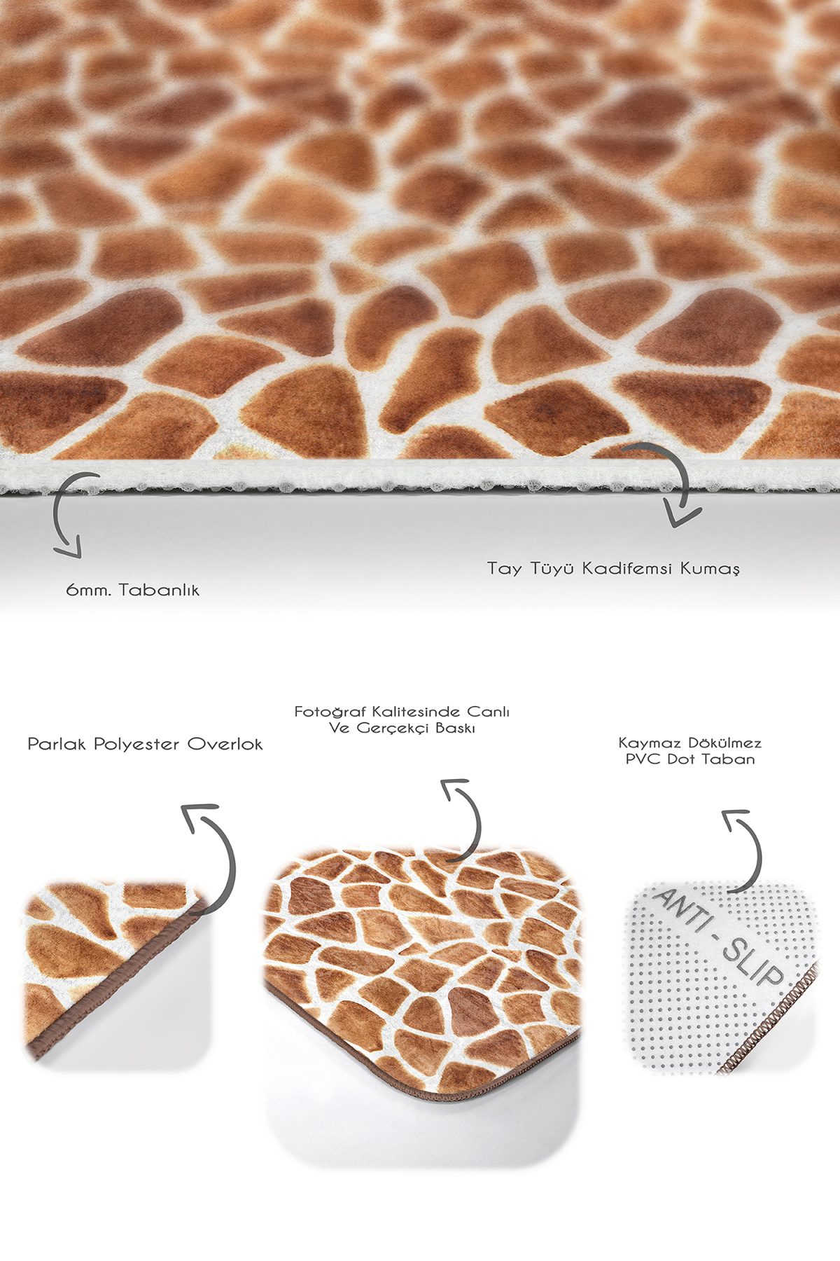 Kahverengi Zürafa Motifli Dijital Baskılı 2'li Kaymaz Tabanlı Banyo & Mutfak Paspas Takımı Realhomes