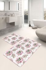 - PaspasTakimi-2li-Set350-Gorsel-1 - Realhomes Çiçek Demetli Pembe Araba Dijital Baskılı 2'li Kaymaz Tabanlı Banyo & Mutfak Paspas Takımı Realhomes