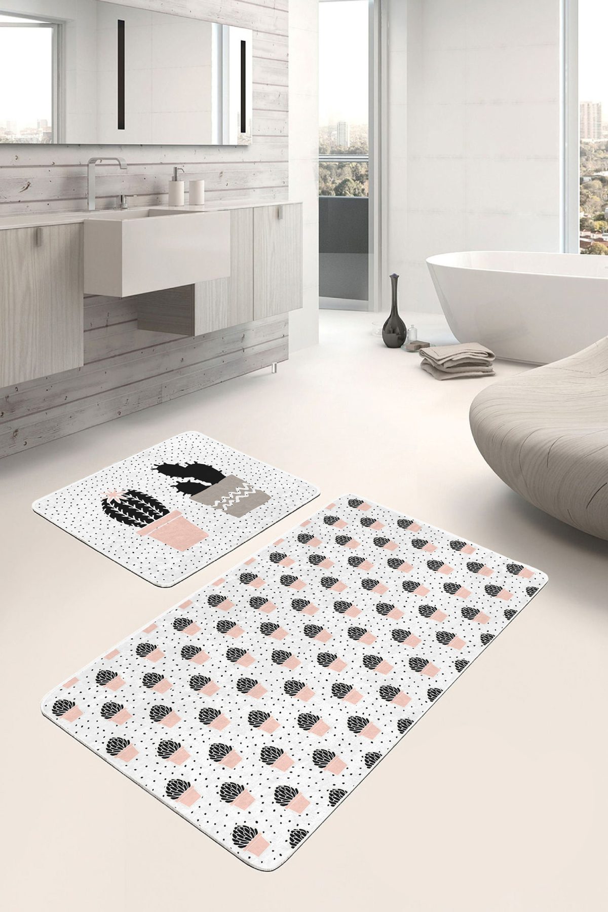 Beyaz Zemin Puantiye Motifli Kaktüs Tasarımlı 2'li Kaymaz Tabanlı Banyo & Mutfak Paspas Takımı Realhomes