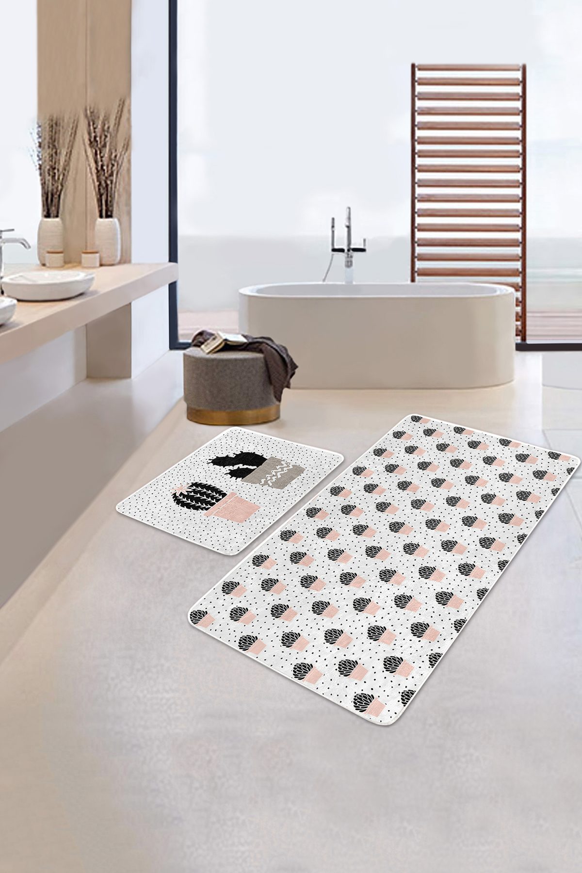 Beyaz Zemin Puantiye Motifli Kaktüs Tasarımlı 2'li Kaymaz Tabanlı Banyo & Mutfak Paspas Takımı Realhomes