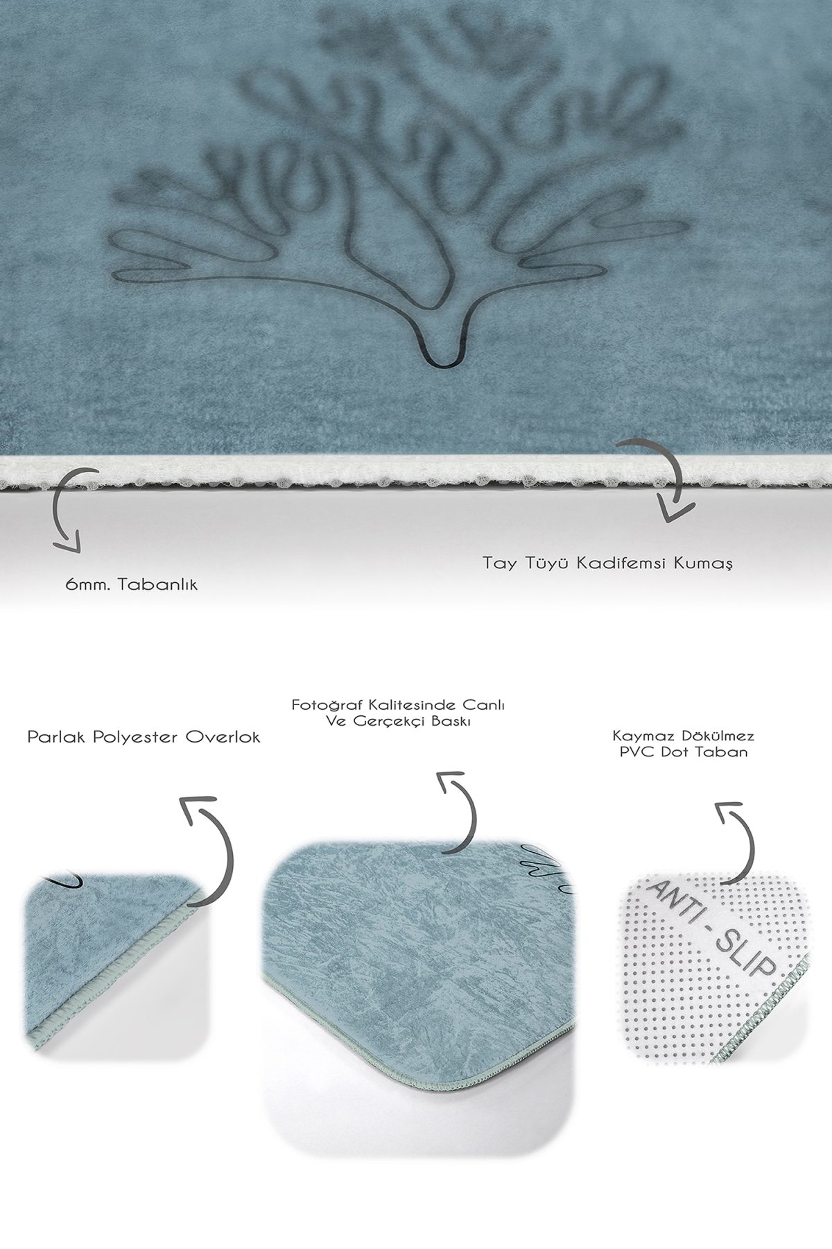 Mavi Zeminli Online Çiçek Desenli 2'li Kaymaz Tabanlı Banyo & Mutfak Paspas Takımı Realhomes
