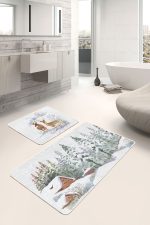 Kış Temalı Bağ Evi Tasarımlı Dijital Baskılı 2'li Kaymaz Tabanlı Banyo & Mutfak Paspas Takımı Realhomes