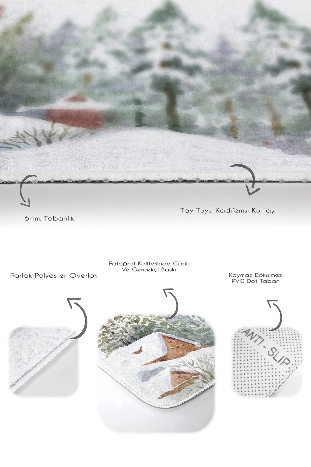 Kış Temalı Bağ Evi Tasarımlı Dijital Baskılı 2'li Kaymaz Tabanlı Banyo & Mutfak Paspas Takımı Realhomes