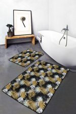 - PaspasTakimi-2li-Set381-Gorsel-1 - Realhomes  Gold Detalı Siyah Beyaz Tropik Yapraklar 2'li Kaymaz Tabanlı Banyo & Mutfak Paspas Takımı Realhomes