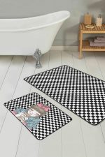 - PaspasTakimi-2li-Set39-Gorsel-2 - Realhomes  Kahve İçen Kız Motifli Dama Temalı 2'li Kaymaz Tabanlı Banyo & Mutfak Paspas Takımı Realhomes