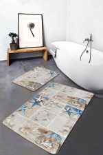 Deniz Kabuğu & Yıldızı Özel Tasarım 2'li Kaymaz Tabanlı Banyo & Mutfak Paspas Takımı Realhomes