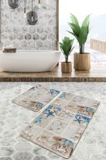 Deniz Kabuğu & Yıldızı Özel Tasarım 2'li Kaymaz Tabanlı Banyo & Mutfak Paspas Takımı Realhomes