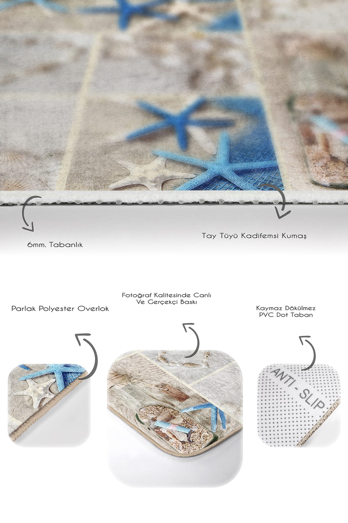 Deniz Kabuğu & Yıldızı Özel Tasarım 2'li Kaymaz Tabanlı Banyo & Mutfak Paspas Takımı Realhomes