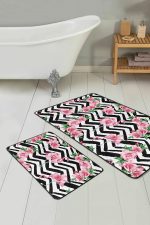 - PaspasTakimi-2li-Set42-Gorsel - Realhomes Zigzag Zemin Gül Flamingo Motifli 2'li Kaymaz Tabanlı Banyo & Mutfak Paspas Takımı Realhomes