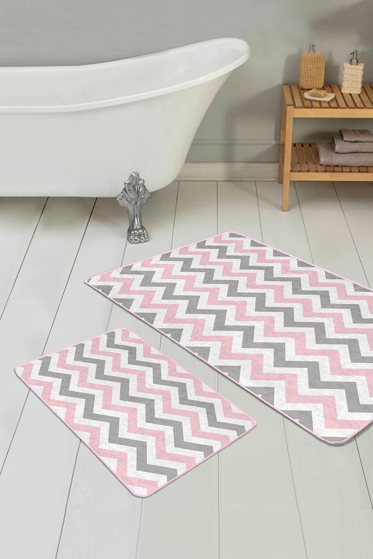 Pembe Gri Zigzag Motifli 2'li Kaymaz Tabanlı Banyo & Mutfak Paspas Takımı Realhomes