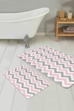 Pembe Gri Zigzag Motifli 2'li Kaymaz Tabanlı Banyo & Mutfak Paspas Takımı Realhomes