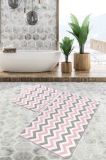 Pembe Gri Zigzag Motifli 2'li Kaymaz Tabanlı Banyo & Mutfak Paspas Takımı Realhomes