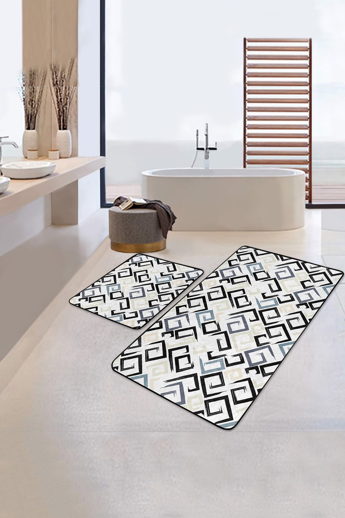 Geometrik Çizgili Dijital Baskılı 2'li Kaymaz Tabanlı Banyo & Mutfak Paspas Takımı Realhomes