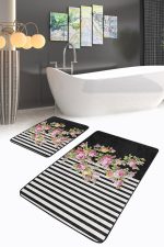 - PaspasTakimi-2li-Set49-Gorsel-2 - Realhomes  Siyah Beyaz Zemin Gül Tasarımlı 2'li Kaymaz Tabanlı Banyo & Mutfak Paspas Takımı Realhomes