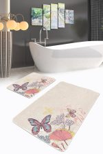 - PaspasTakimi-2li-Set5-Gorsel-1 - Realhomes  Krem Zemin Kelebek Motifli 2'li Kaymaz Tabanlı Banyo & Mutfak Paspas Takımı Realhomes