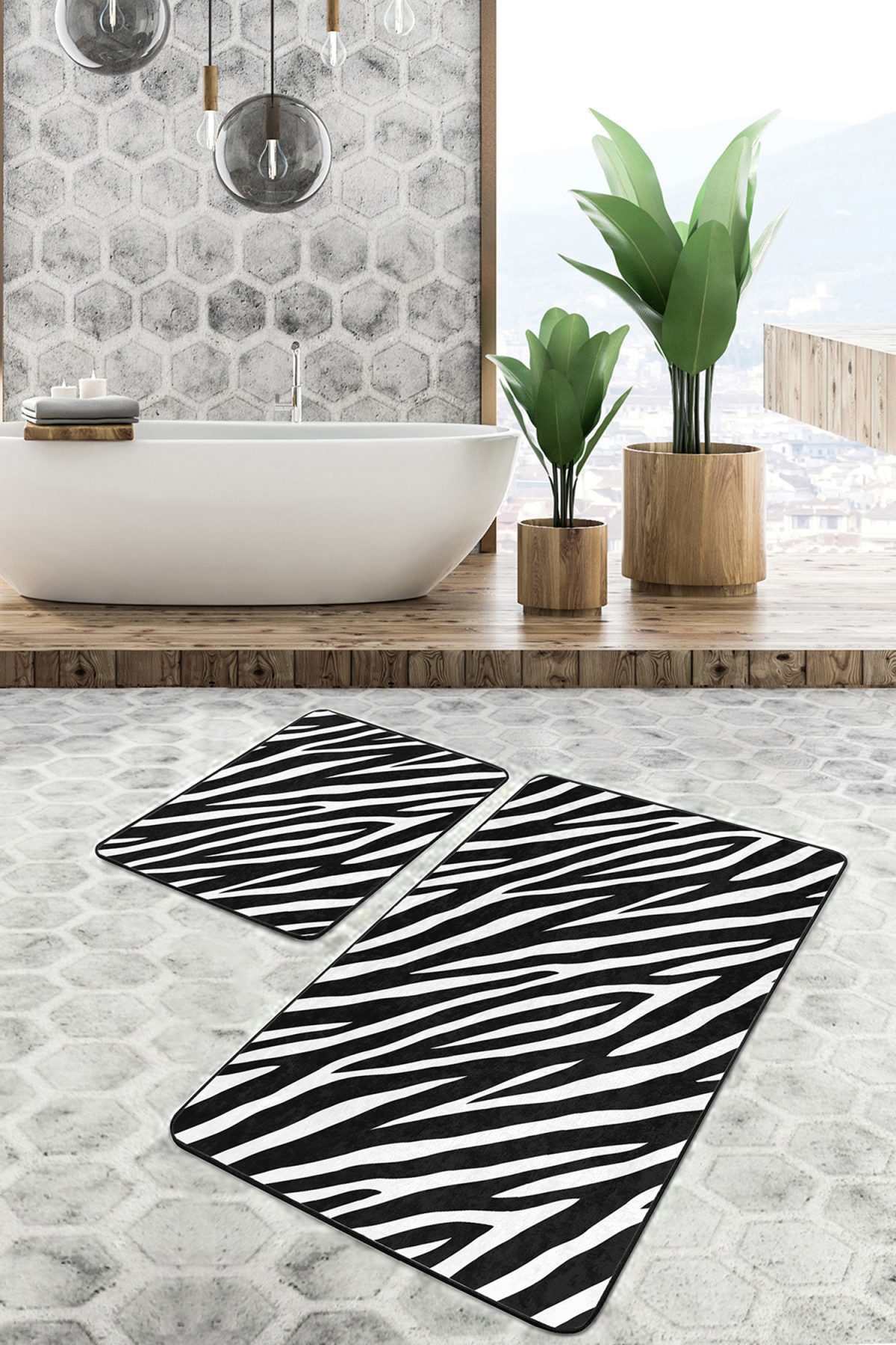 Siyah Beyaz Zebra Desen Motifli 2'li Kaymaz Tabanlı Banyo & Mutfak Paspas Takımı Realhomes