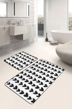 - PaspasTakimi-2li-Set55-Gorsel-2 - Realhomes  Siyah Beyaz Kalp Motifli 2'li Kaymaz Tabanlı Banyo & Mutfak Paspas Takımı Realhomes