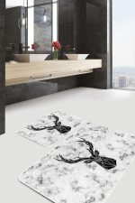 - PaspasTakimi-2li-Set58-Gorsel-1 - Realhomes  Mermer Zemin Siyah Geyik Özel Tasarımlı 2'li Kaymaz Tabanlı Banyo & Mutfak Paspas Takımı Realhomes