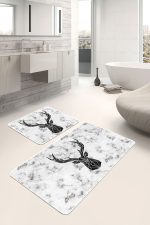 - PaspasTakimi-2li-Set58-Gorsel - Realhomes  Mermer Zemin Siyah Geyik Özel Tasarımlı 2'li Kaymaz Tabanlı Banyo & Mutfak Paspas Takımı Realhomes