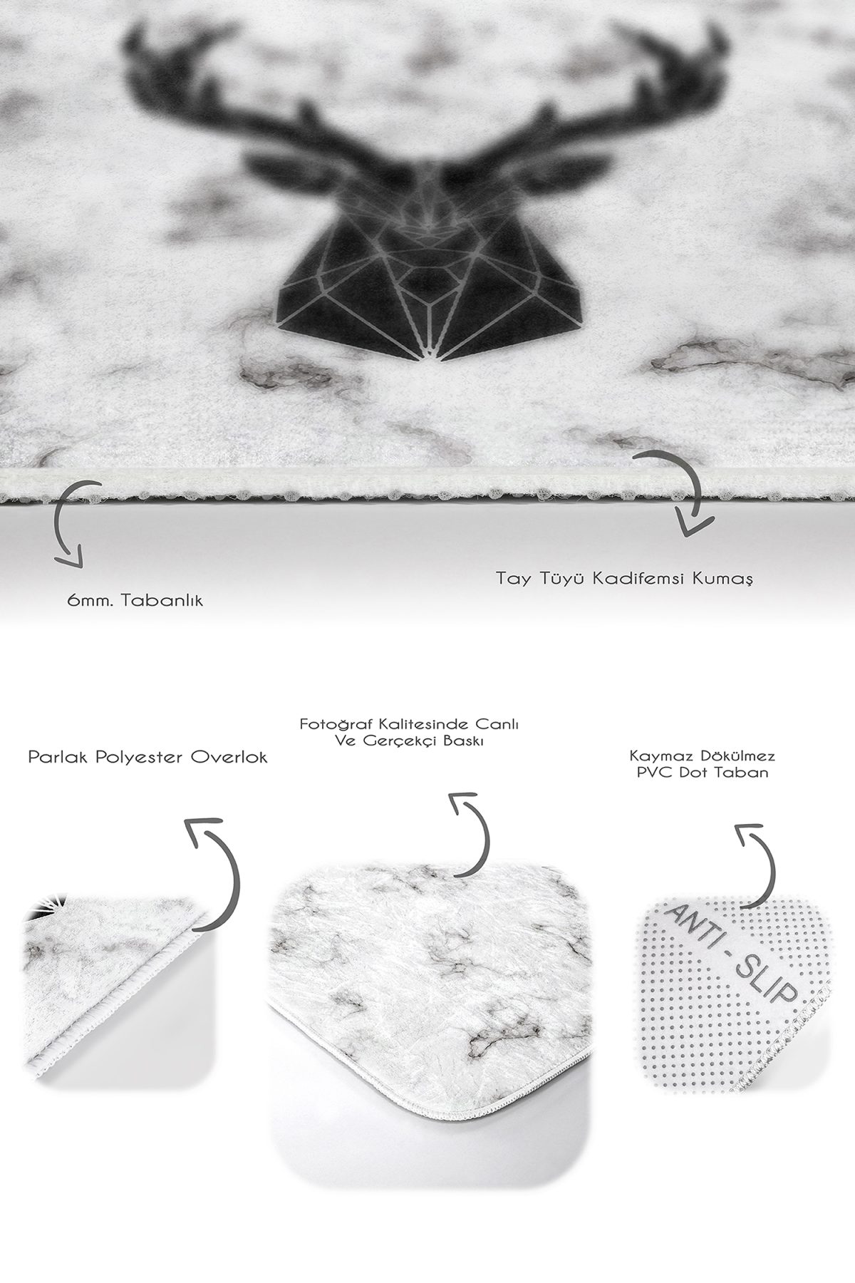 Mermer Zemin Siyah Geyik Özel Tasarımlı 2'li Kaymaz Tabanlı Banyo & Mutfak Paspas Takımı Realhomes