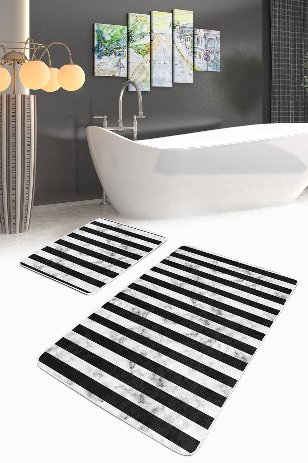 Siyah Beyaz Mermer Motifli Dijital Baskılı 2'li Kaymaz Tabanlı Banyo & Mutfak Paspas Takımı Realhomes