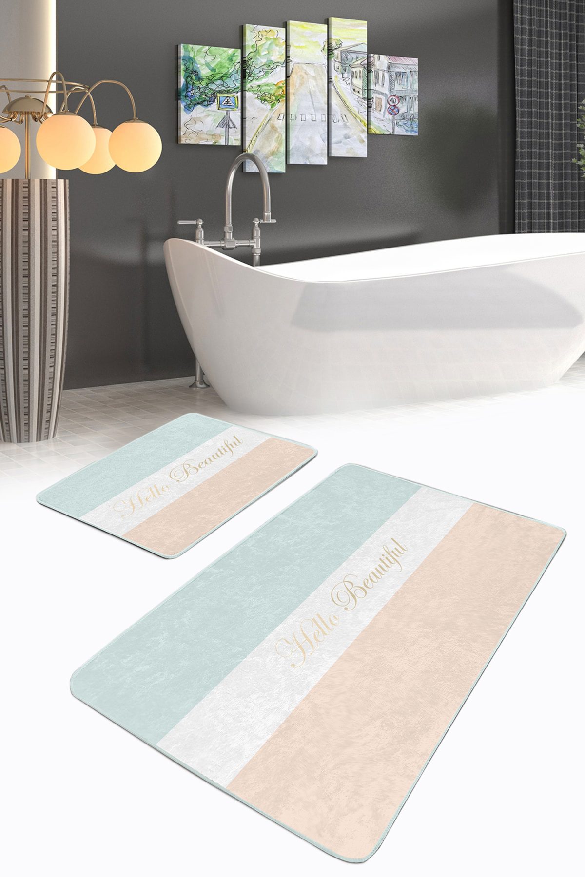 Soft Renkli Hello Beatiful Tasarımlı 2'li Kaymaz Tabanlı Banyo & Mutfak Paspas Takımı Realhomes