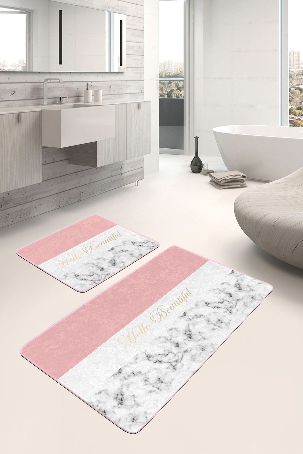 Soft Renkli Hello Beatiful Motifli 2'li Kaymaz Tabanlı Banyo & Mutfak Paspas Takımı Realhomes