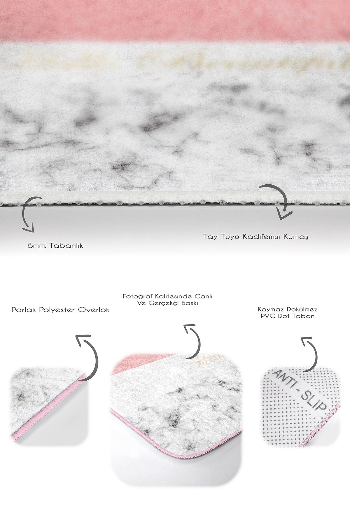 Soft Renkli Hello Beatiful Motifli 2'li Kaymaz Tabanlı Banyo & Mutfak Paspas Takımı Realhomes