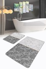 Siyah Beyaz Mermer Tasarımlı Dijital Baskılı 2'li Kaymaz Tabanlı Banyo & Mutfak Paspas Takımı Realhomes