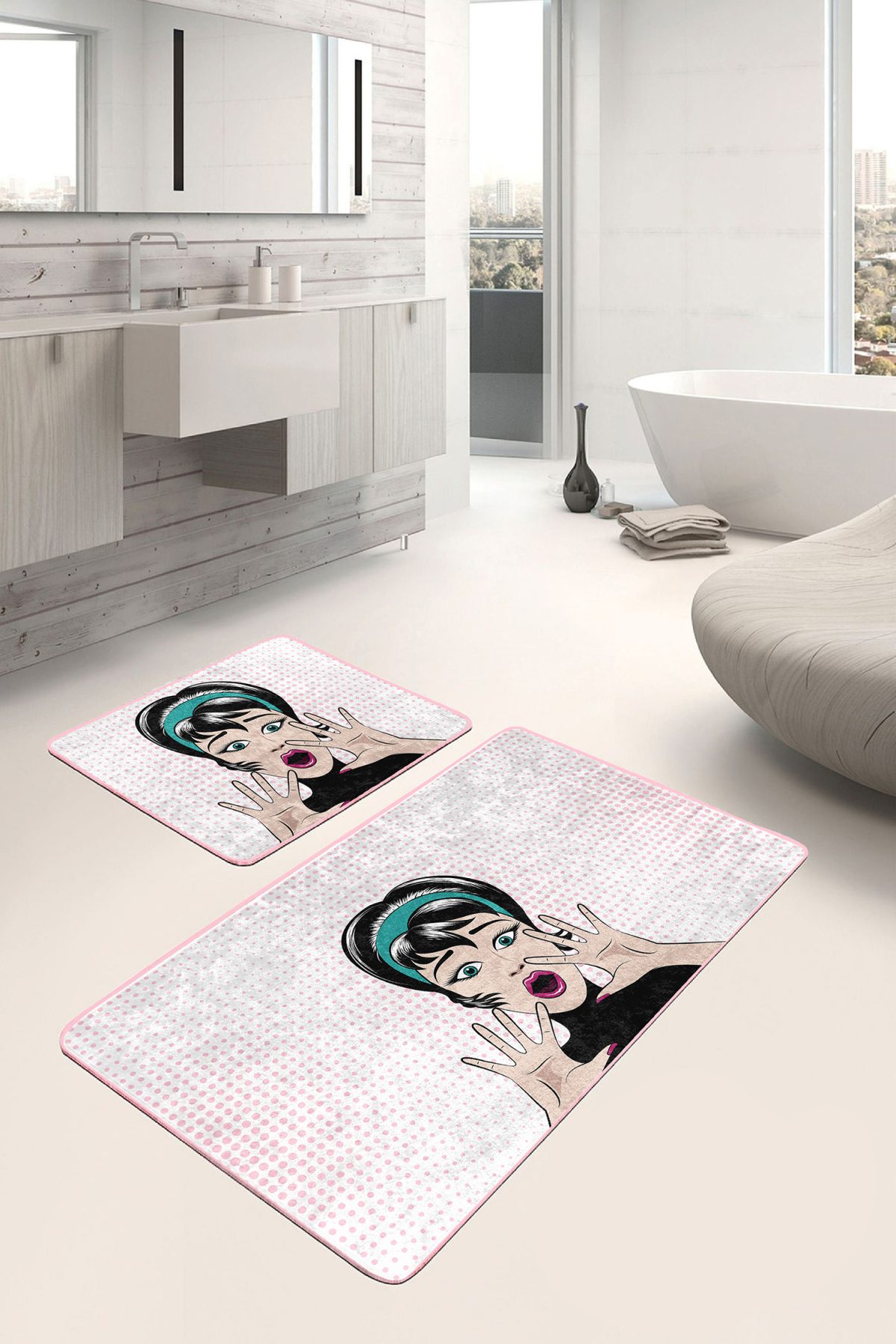 Şaşkın Pop-Art Dijital Baskılı 2'li Kaymaz Tabanlı Banyo & Mutfak Paspas Takımı Realhomes
