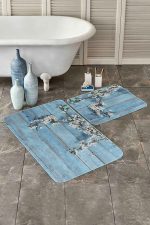 Mavi Ahşap Motifli Çiçek Tasarımlı 2'li Kaymaz Tabanlı Banyo & Mutfak Paspas Takımı Realhomes