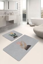 Gri Zemin Bohem Tropik Yaprak Motifli 2'li Kaymaz Tabanlı Banyo & Mutfak Paspas Takımı Realhomes