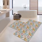 Düz Renk Zemin Yaprak Çizimli Dijital Baskılı 2'li Kaymaz Tabanlı Banyo & Mutfak Paspas Takımı Realhomes